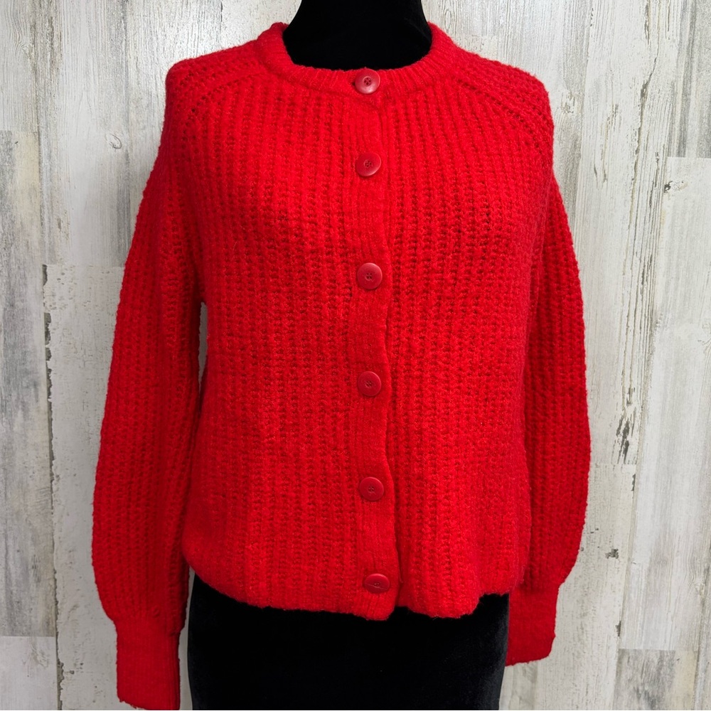 Willow & Wind Red Ribbed Knit Button-Up Cardigan Sweater